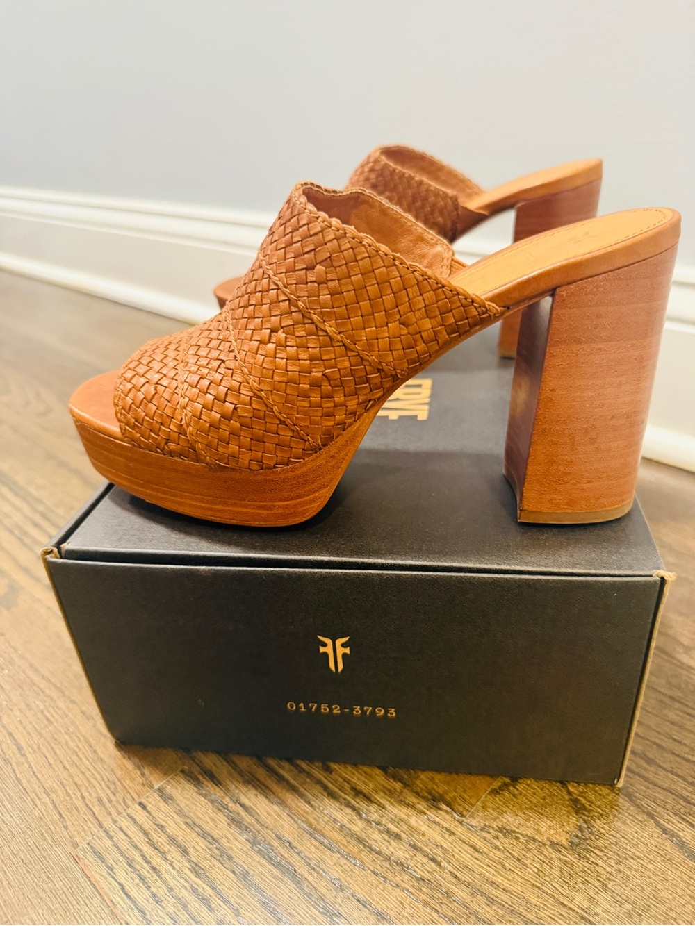 Frye Woven Leather Platform Mule in Cognac Brown